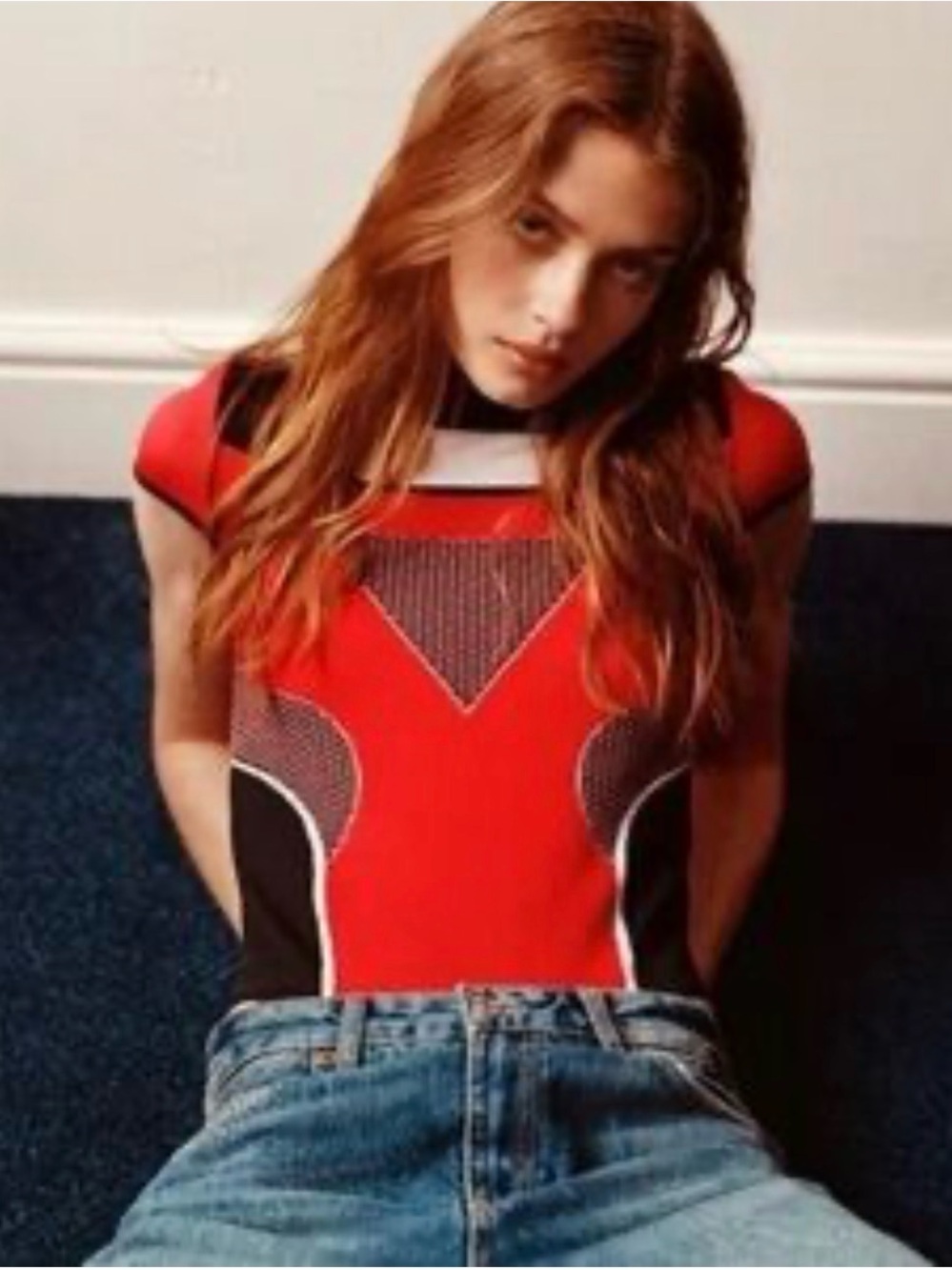 Zara Red, Black & White Colorblock Cap Sleeve Bodysuit
